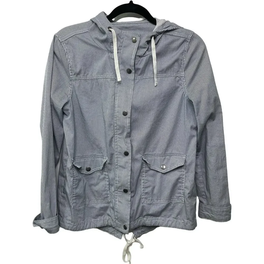 So Pinstriped‎ Long Sleeve Snap Button Field Hooded Jacket Blue/White Women's M